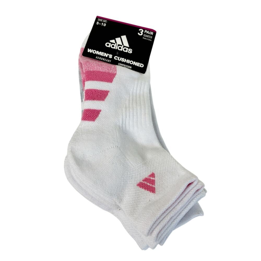 Adidas 3 Pair Quarter Womens Cushioned Socks AeroReady Compression NWT Sz 5-10